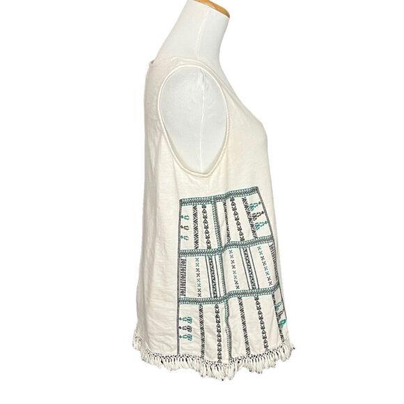 Madewell Cream And Navy Boho Embroidered Relaxed Tank With Fringe M - Picture 2 of 7